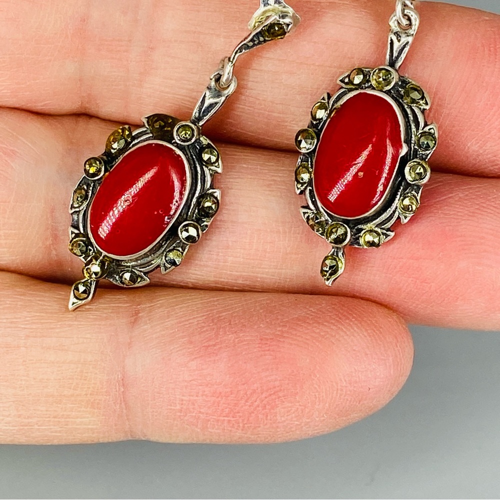 Vintage Sterling Silver Coral Red Cabochon & Marcasite Stones Earrings 1980s - Picture 15 of 16